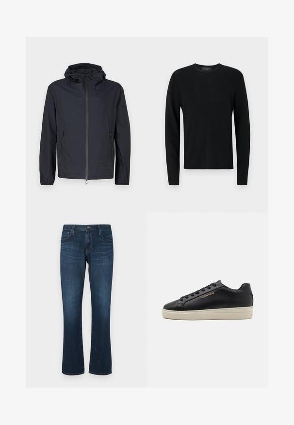 Veste noire légère avec une finition texturée, une fermeture éclair intégrale à l'avant, une capuche ajustable avec cordon et des poches latérales zippées.; Pull longs en coton noir avec une texture côtelée, col rond et manches ajustées. Design uni sans motifs ni accents.; Jean en denim bleu foncé avec une coupe droite, cinq poches et une fermeture à bouton en métal. Texture lisse avec un léger dégradé.; Sneaker en cuir noir avec une finition lisse, semelle crème contrastante, bout arrondi, logo doré sur le côté et six œillets pour les lacets.