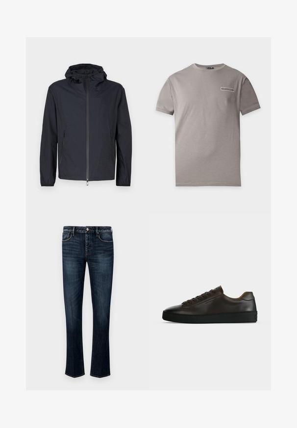 Veste noire légère avec une finition texturée, une fermeture éclair intégrale à l'avant, une capuche ajustable avec cordon et des poches latérales zippées.; T-shirt gris uni à manches courtes avec col ras du cou, avec un petit logo rectangulaire EA7 Emporio Armani sur le côté gauche de la poitrine.; Jean en denim bleu foncé avec une coupe droite, présentant un style à cinq poches, des coutures visibles, et une fermeture à bouton et à glissière.; Baskets basses en cuir marron foncé avec semelle en caoutchouc noire, lacets à l'avant et design minimaliste épuré sur fond clair.