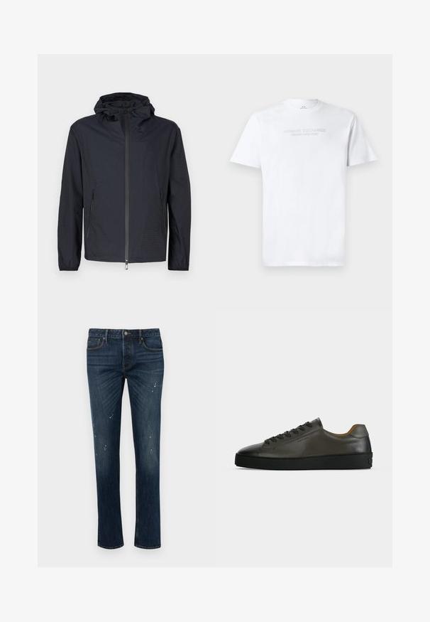 Veste noire légère avec une finition texturée, une fermeture éclair intégrale à l'avant, une capuche ajustable avec cordon et des poches latérales zippées.; T-shirt en coton blanc avec col rond, manches courtes et logo en relief "ARMANI EXCHANGE MILANO/NEW YORK" sur le devant.; Jean slim bleu foncé avec légère décoloration et petites éclaboussures de peinture blanche, doté de cinq poches et d'une fermeture par bouton.; Basket basse en cuir gris foncé avec lacets et semelle noirs, design minimaliste, profil latéral sur un fond clair uni.