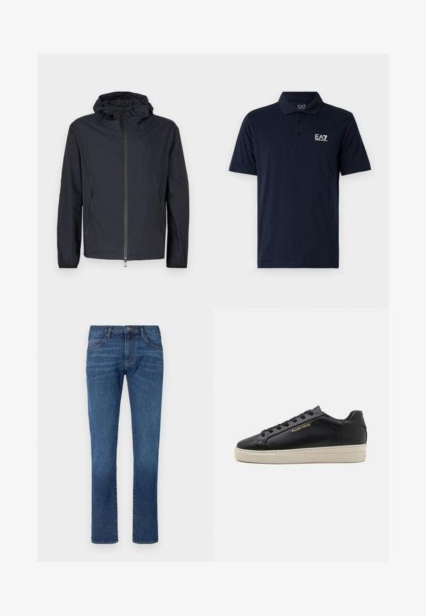 Veste noire légère avec une finition texturée, une fermeture éclair intégrale à l'avant, une capuche ajustable avec cordon et des poches latérales zippées.; Polo shirt bleu marine en coton, avec un col, des manches courtes et un logo EA7 blanc sur la poitrine gauche. Design à coupe classique.; Jean en denim bleu coupe droite, doté d'un design classique à cinq poches et d'une fermeture à boutons. Décoloration subtile sur la texture du tissu.; Sneaker en cuir noir avec une finition lisse, semelle crème contrastante, bout arrondi, logo doré sur le côté et six œillets pour les lacets.