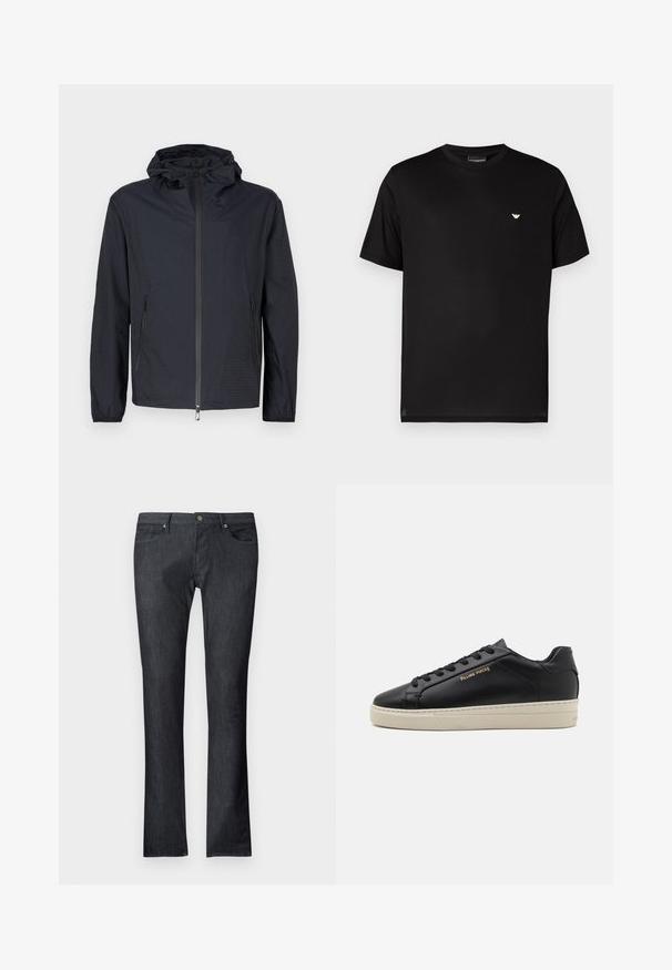 Veste noire légère avec une finition texturée, une fermeture éclair intégrale à l'avant, une capuche ajustable avec cordon et des poches latérales zippées.; T-shirt en coton noir avec un col rond. Présente un petit logo doré sur le côté gauche de la poitrine. Manches courtes et ourlet droit.; Jean en denim foncé avec une coupe droite, doté de poches avant et arrière, une fermeture à bouton métallique, et des détails de couture subtils.; Sneaker en cuir noir avec une finition lisse, semelle crème contrastante, bout arrondi, logo doré sur le côté et six œillets pour les lacets.