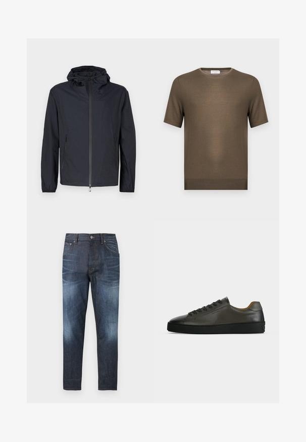 Veste noire légère avec une finition texturée, une fermeture éclair intégrale à l'avant, une capuche ajustable avec cordon et des poches latérales zippées.; Pull en maille vert olive à manches courtes avec encolure ronde et ourlet côtelé, présenté sur fond blanc uni.; Jean slim bleu foncé avec des zones délavées sur les cuisses et les genoux, poches avant, passants pour ceinture et fermeture par bouton à la taille.; Basket basse en cuir gris foncé avec lacets et semelle noirs, design minimaliste, profil latéral sur un fond clair uni.