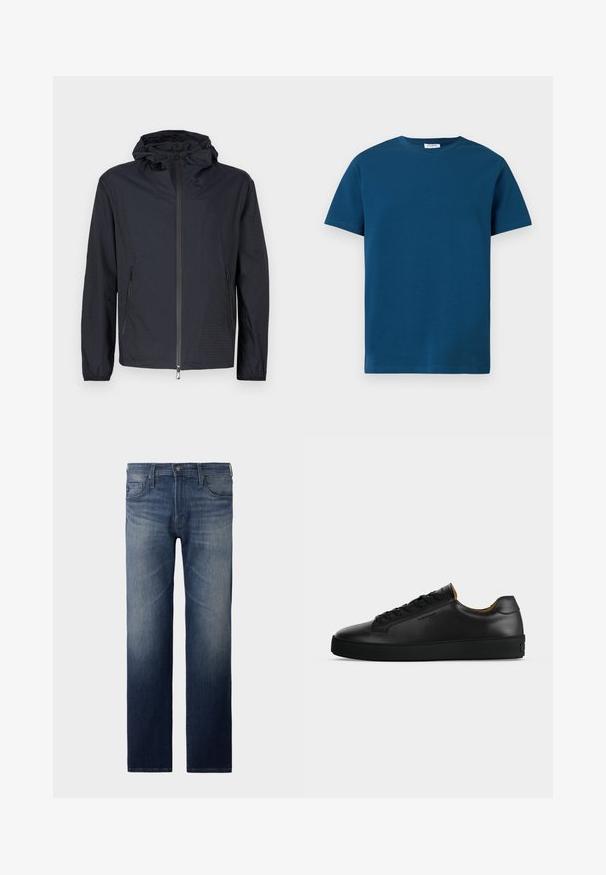 Veste noire légère avec une finition texturée, une fermeture éclair intégrale à l'avant, une capuche ajustable avec cordon et des poches latérales zippées.; T-shirt bleu foncé à col rond en coton doux, avec des manches courtes et une texture simple et lisse, coupe droite.; Jean droit en denim bleu foncé. Comprend cinq poches, une fermeture éclair et un bouton. Texture légèrement décolorée au niveau des cuisses. Tissu en denim.; Basket basse en cuir noir avec lacets noirs, semelle en caoutchouc texturée et petit logo embossé sur le côté, présenté de profil sur fond gris.