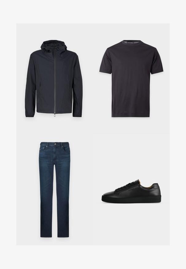 Veste noire légère avec une finition texturée, une fermeture éclair intégrale à l'avant, une capuche ajustable avec cordon et des poches latérales zippées.; T-shirt noir uni à manches courtes avec col rond, avec un petit logo ton sur ton sur la poitrine gauche et une étiquette de marque au niveau du col.; Jean en denim bleu foncé avec une coupe droite, présentant une disposition classique à cinq poches et une fermeture à bouton en métal. Texture lisse.; Basket basse en cuir noir avec lacets noirs, semelle en caoutchouc texturée et petit logo embossé sur le côté, présenté de profil sur fond gris.