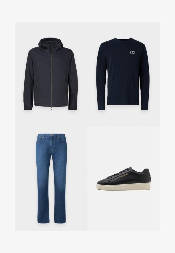 Veste noire légère avec une finition texturée, une fermeture éclair intégrale à l'avant, une capuche ajustable avec cordon et des poches latérales zippées.; T-shirt à manches longues en coton de couleur marine, avec un col rond et un petit logo EA7 blanc sur la poitrine gauche. Texture lisse.; Jeans en denim bleu foncé avec une coupe droite, cinq poches et une fermeture à bouton à l'avant. Texture lisse et détails de couture classiques.; Sneaker en cuir noir avec une finition lisse, semelle crème contrastante, bout arrondi, logo doré sur le côté et six œillets pour les lacets.