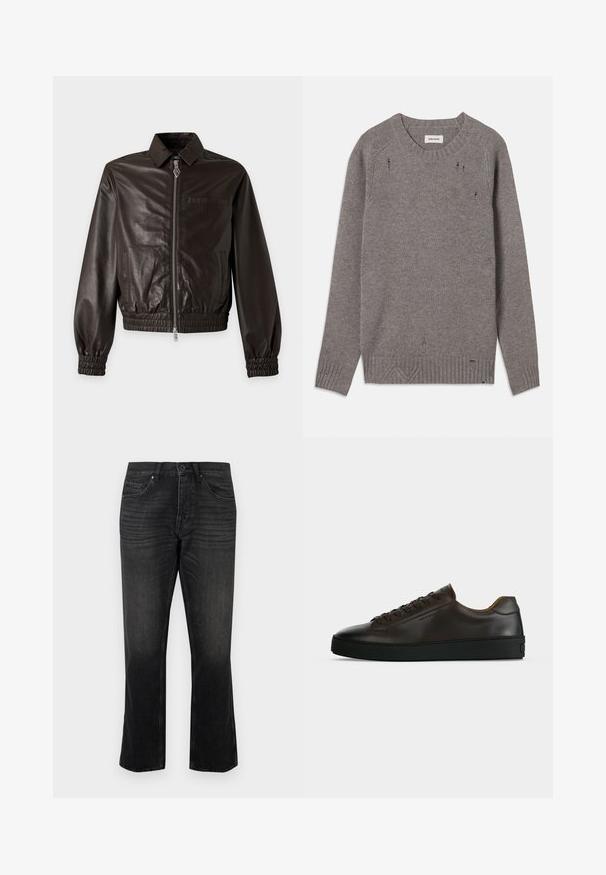 Dunkelbraune Lederjacke mit Frontreißverschluss, Kragen, elastischen Bündchen und Taschen auf beiden Seiten sowie auf der Brust vor einfarbigem Hintergrund.; Grauer Strickpullover mit Rundhalsausschnitt, gerippten Bündchen und Saum, der subtile Used-Details an den Schultern und am unteren Rand aufweist.; Schwarze Jeans aus Denim mit geradem Bein, ausgestattet mit Vorder Taschen und einem Knopfverschluss. Dezente Waschung und strukturierte Stoffdetails.; Flach geschnittener dunkelbrauner Ledersneaker mit schwarzer Gummisohle, Schnürung vorne und schlicht-minimalistischem Design auf hellem Hintergrund.