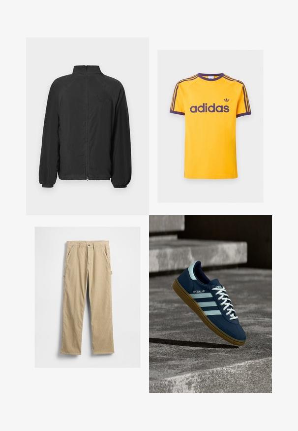 Schwarze Zip-Jacke mit hohem Kragen, gerippten Bündchen und strukturierter Stoffqualität. Verfügt über ein geprägtes Logo auf der Brust. Leichtes Design.; Gelbes Adidas T-Shirt mit lila Kragen, Ärmelbündchen, drei Streifen auf den Schultern und großem Adidas-Logo mittig auf der Brust.; Beige Cordhose mit geraden Beinen, Fronttaschen und einem Knopfverschluss. Mit einer Seitentasche und strukturiertem Stoff.; Blauer Adidas Spezial Sneaker mit weißen Streifen und Schnürsenkeln, Gummisohle, schwebend über rauer Betonoberfläche und Treppen im Hintergrund.