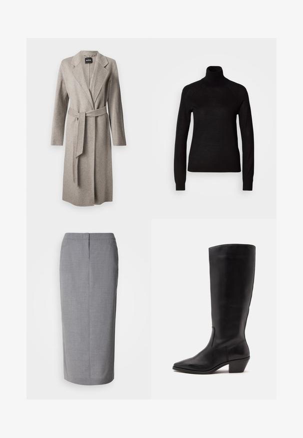 Grå uldwrapjakke med lange ærmer, klapkrave og et matchende bælte. Har en blød tekstur og en enkelt frontåbning.; Sort turtleneck sweater lavet af et let strikket stof. Har lange ærmer og en tætsiddende silhuet med raglan-sømme.; Grå blyantskirt lavet af struktureret stof, med lige snit, bagslæb og skjult lynlås lukning bagpå.; Sort læderstøvle til midtkalv med spids tå og lavt skråt hæl på en enkel lys baggrund.