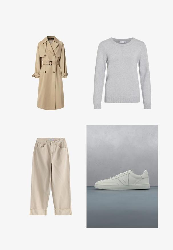 Trench coat beige en mezcla de algodón; diseño de doble botonadura con botones grandes, cintura ceñida con cinturón y bolsillos tipo solapa; cuenta con un forro a cuadros.; Suéter gris claro con escote redondo, mangas largas, puños y dobladillo acanalados. Hecho de tela suave y texturizada. Etiqueta de la marca visible en el interior del cuello.; Pantalones beige de cintura alta y pernera ancha, con cierre frontal de botón y cremallera, trabillas para cinturón, bolsillos laterales y bajos con puños.; Zapatilla deportiva de cuero blanco con cordones flotando sobre un bloque de madera y superficie exterior de guijarros, planta verde y piedra desenfocadas al fondo.