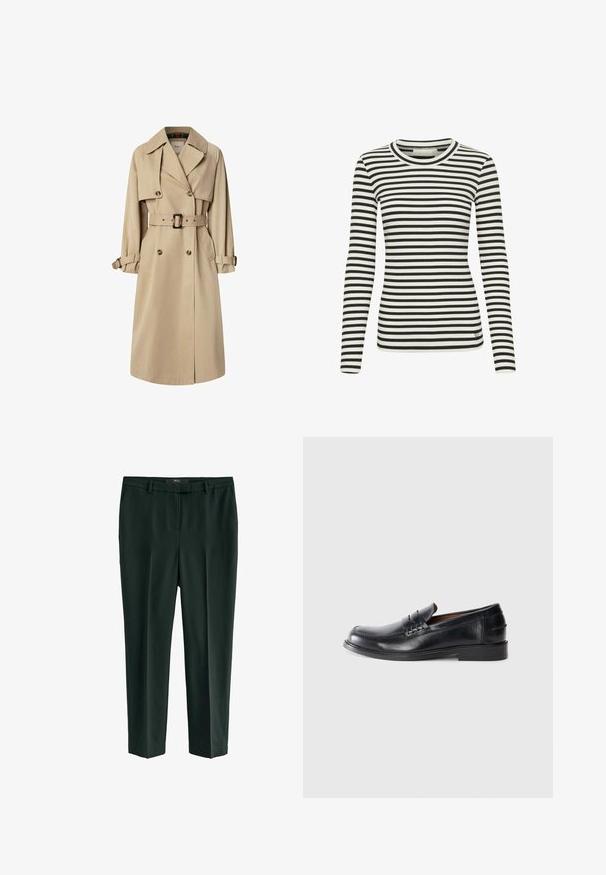 Trench coat beige en mezcla de algodón; diseño de doble botonadura con botones grandes, cintura ceñida con cinturón y bolsillos tipo solapa; cuenta con un forro a cuadros.; Camisa de manga larga a rayas blancas y negras con una textura acanalada y un escote redondo. Presenta un pequeño logo en la parte inferior delantera.; Pantalones oscuros de color verde ajustados con una textura suave, frente plano, trabillas para cinturón y piernas ajustadas, diseñados para una silueta ceñida.; Mocasines de cuero negro con puntera redondeada, detalles de costura y un tacón bajo. Textura suave con un brillo sutil.