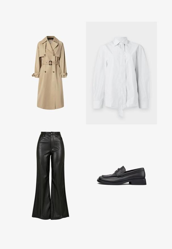 Trench coat beige en mezcla de algodón; diseño de doble botonadura con botones grandes, cintura ceñida con cinturón y bolsillos tipo solapa; cuenta con un forro a cuadros.; Camisa blanca de manga larga con un cuello clásico y un lazo alargado en la parte delantera. Hecha de una tela suave, presenta un corte relajado y sin estampados.; Pantalones de cuero negro acampanados con una textura suave, que cuentan con una cintura alta, cierre de botón y bolsillos frontales. Diseño de pierna ancha y acabado pulido.; Mocasín de cuero negro con tacón bajo en bloque, punta redondeada y detalles cosidos en la parte superior. Textura suave, diseño minimalista.