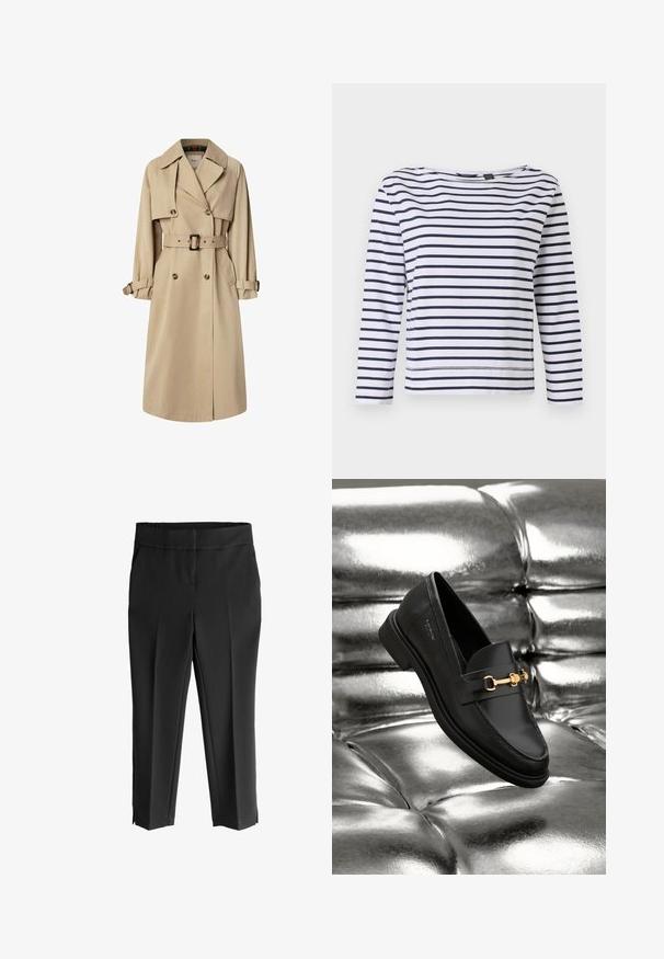 Beige trenchcoat i bomuldsblanding; dobbeltbrystet design med store knapper, bælte i taljen og klaplommer; har en ternet foring.; Stribet langærmet top i hvid og marineblå, med en bådudskæring og en afslappet pasform. Lavet af blødt bomuldsstof med syede kanter.; Sorte cropped bukser med bred talje, der har en glat tekstur, tapered ben og sideslids i kanten for ekstra detalje.; Sorte læder loafers med en guldfarvet hardware detalje. Skoen har et elegant design og en glat, skinnende overflade.