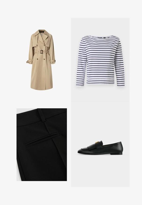 Beige Trenchcoat aus Baumwollmix; doppelt geknöpftes Design mit großen Knöpfen, tailliertem Gürtel und Klappentaschen; verfügt über ein karierter Innenfutter.; Gestreiftes langärmeliges Oberteil in Weiß und Navy mit Bootsausschnitt und lockerer Passform. Hergestellt aus weichem Baumwollmaterial mit genähten Säumen.; Schwarze Hose aus glattem Stoff, mit einem flachen Schnitt und einer einzigen Gesäßtasche mit Schlitzöffnung.; Schwarzer Lederloafer mit einer fransigen Vorderklappe und einer kleinen goldenen Schnalle auf einem einfarbigen hellgrauen Hintergrund.