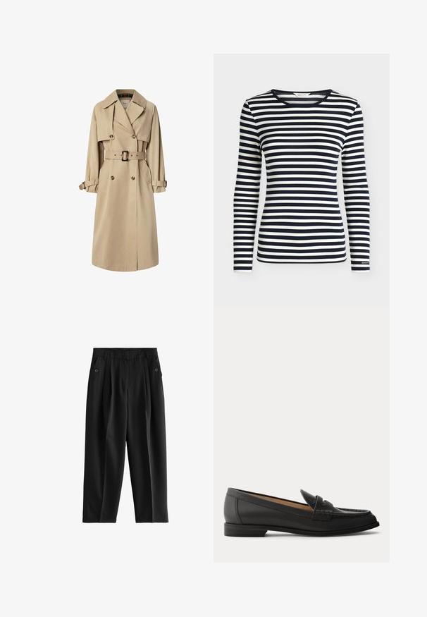 Beige Trenchcoat aus Baumwollmix; doppelt geknöpftes Design mit großen Knöpfen, tailliertem Gürtel und Klappentaschen; verfügt über ein karierter Innenfutter.; Langarmshirt mit marineblauen und weißen horizontalen Streifen und rundem Ausschnitt, mit GANT-Logo am Ärmelbündchen.; Schwarze Hose mit einem weiten Beinschnitt, Falten an der Vorderseite und zwei seitlichen Taschen mit Knopfakzenten. Glattes, leichtes Material.; Schwarzer Damen-Loafer aus Leder mit niedrigem Absatz, abgerundeter Spitze und genähten Details am Obermaterial, von der Seite auf einfarbigem Hintergrund gezeigt.