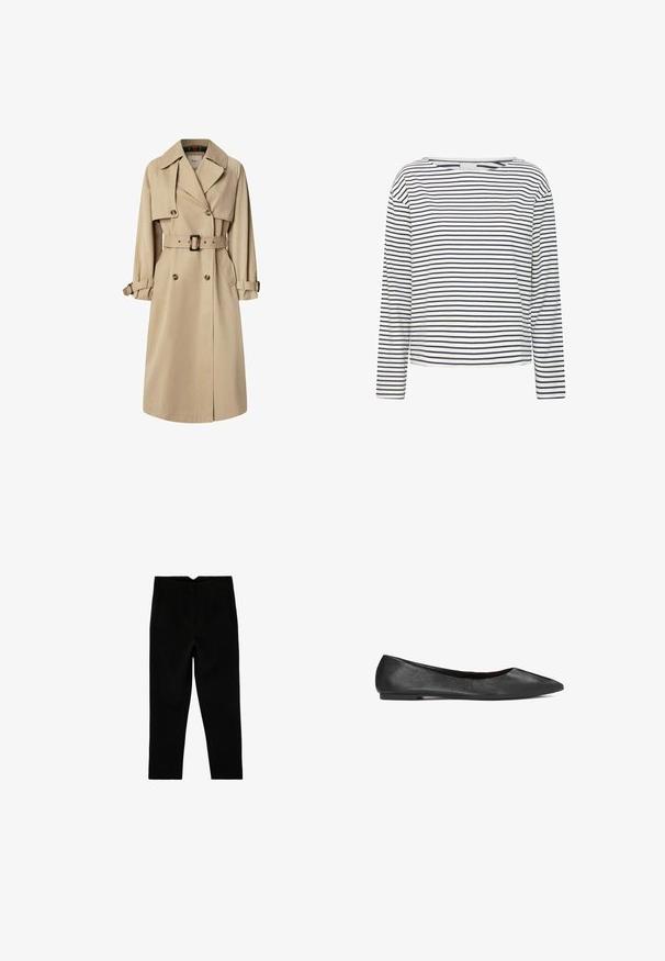 Beige trenchcoat in een katoenmix; dubbel gevoerd ontwerp met grote knopen, ceintuur in de taille en klepzakken; beschikt over een geruite voering.; Langsleeve top met een bootnek, gemaakt van zachte stof met marineblauwe en witte horizontale strepen. Rechte snit en minimale details.; Zwarte op maat gemaakte broek tot aan de enkel met zijzakken en een licht taps toelopende pijp, plat liggend op een witte achtergrond.; Zwarte leren balletschoenen met een spitse neus, een gladde textuur en een platte zool. Minimalistisch ontwerp zonder zichtbare hardware of accenten.