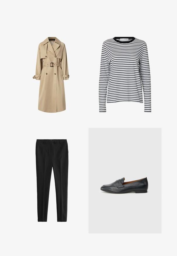 Trench coat beige en mezcla de algodón; diseño de doble botonadura con botones grandes, cintura ceñida con cinturón y bolsillos tipo solapa; cuenta con un forro a cuadros.; Camisa blanca de manga larga con rayas horizontales negras y cuello redondo negro, mostrada sobre un fondo blanco liso.; Pantalones negros a medida hechos de una tela suave. Presentan un frente plano, bolsillos laterales y un diseño ajustado. Estilo limpio y minimalista.; Mocasín de cuero negro con punta redondeada, detalle sutil de costuras y tacón plano. Textura suave con una silueta sencilla.