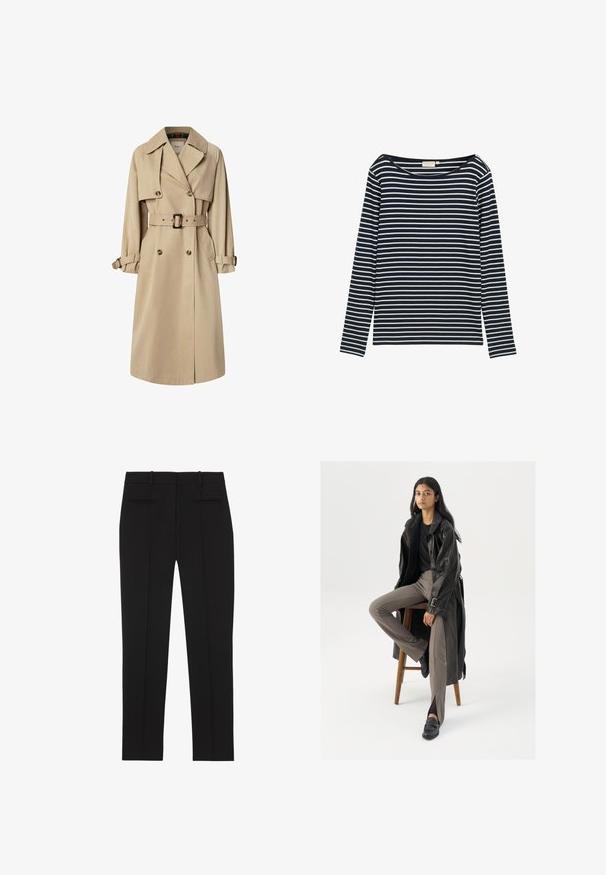 Trench-coat beige en mélange de coton ; conception croisée avec de grands boutons, taille ceinturée et poches à rabat ; présente une doublure à carreaux.; Shirt rayé bleu marine et blanc à manches longues avec un grand col, fabriqué à partir d'un matériau doux, présentant des rayures horizontales uniformément espacées.; Pantalon noir sur mesure à jambes droites avec passants de ceinture et deux poches passepoilées à l'arrière, conçu pour une tenue formelle.; Manteau trench en cuir noir avec des boutons et une ceinture, associé à un pantalon ajusté marron clair et des mocassins noirs, assis sur un tabouret en bois.