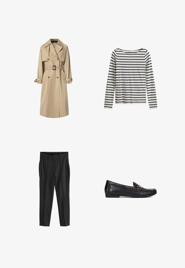 Trench coat beige en mezcla de algodón; diseño de doble botonadura con botones grandes, cintura ceñida con cinturón y bolsillos tipo solapa; cuenta con un forro a cuadros.; Camisa blanca de manga larga con rayas horizontales azul marino y un pequeño logo "GANT" en el puño de la manga izquierda.; Pantalones negros con una textura suave, que presentan bolsillos con cremallera en la parte delantera y pliegues distintivos. Diseño minimalista con un ajuste a medida.; Mocasín negro de cuero con detalle metálico dorado, tacón bajo y diseño de puntera mocasín cosida, mostrado de perfil sobre fondo blanco.