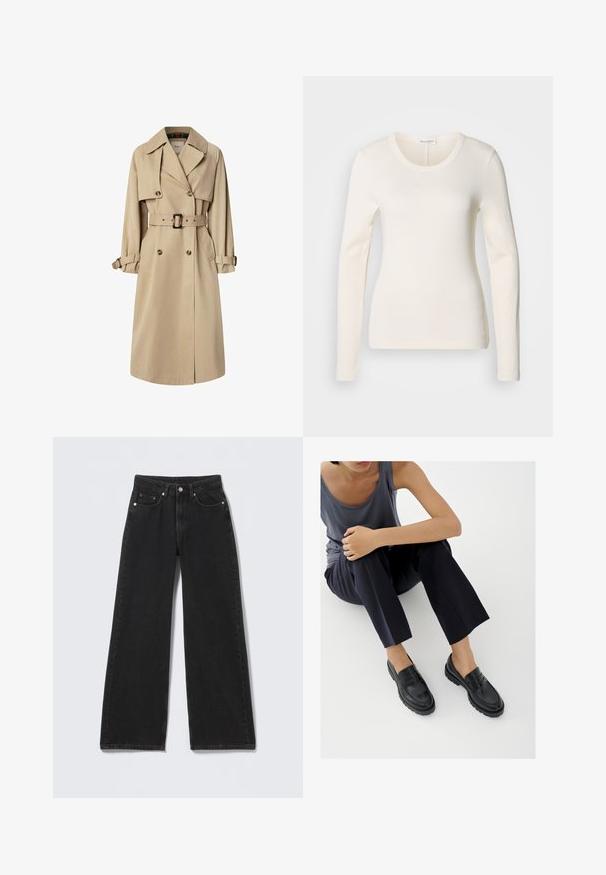 Trench coat beige en mezcla de algodón; diseño de doble botonadura con botones grandes, cintura ceñida con cinturón y bolsillos tipo solapa; cuenta con un forro a cuadros.; Top de manga larga color crema, hecho de material suave. Presenta un escote redondeado y una silueta ajustada, con detalles de costura mínimos.; Vaqueros negros de tiro alto y pierna ancha con cierre delantero de botón y cremallera, trabillas para cinturón y cinco bolsillos delanteros sobre un fondo claro.; Mocasines de cuero negro con detalles texturizados, tacón bajo, puntera redonda y costuras visibles. Modelo vistiendo pantalones oscuros y una blusa gris.