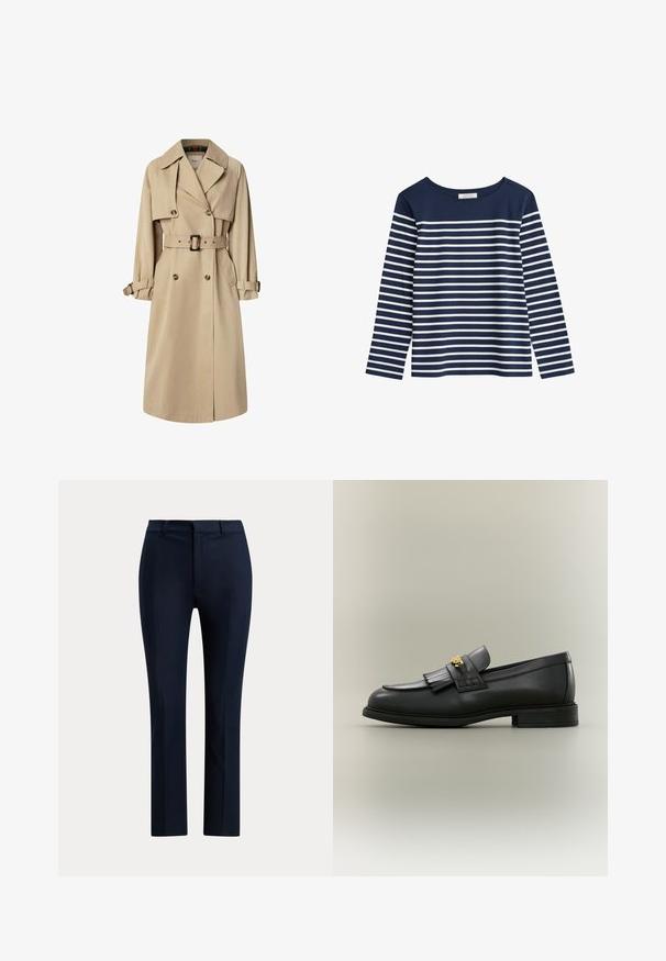 Beige trenchcoat i bomuldsblanding; dobbeltbrystet design med store knapper, bælte i taljen og klaplommer; har en ternet foring.; Marineblå langærmet skjorte med hvide vandrette striber. Rund halsudskæring, blødt stof, løs pasform, og ingen synlig hardware eller udsmykninger.; Mørk marineblå skræddersyede bukser med lige ben, bæltestropper og frontlynlås på hvid baggrund.; Sort læderloafer med frynsedetalje og guldemblem på neutral baggrund, set fra siden.