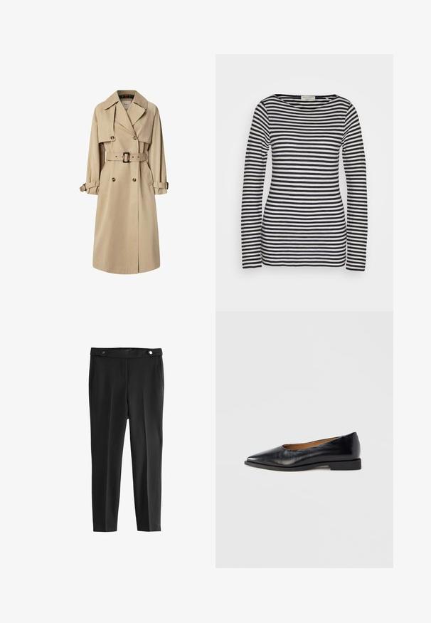 Beige trenchcoatti, joka on valmistettu puuvillasekoitteesta; kaksirivinen malli suurilla napilla, vyötäröllä vyö ja läppäpocketit; sisältää ruudullisen vuoren.; Pitkähihaisen puuvillapuseron kuvio on vaakasuorat laivastonsiniset ja valkoiset raidat. Malli on slim fit, pyöreä pääntie, sileä pinta ja minimalistinen muotoilu.; Musta räätälöityjen housujen materiaali on sileä, ja niissä on kaksi etutaskua sekä vyötärö, jossa on kaksi pyöreää mustaa nappia.; Musta nahkainen tasainen kenkä, jossa on terävä kärki ja matala neliömäinen korko. Sileä pinta, minimalistinen muotoilu, ei näkyvää metalliosaa tai kuvioita.