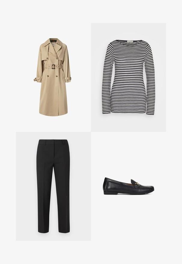 Beige trenchcoat i bomuldsblanding; dobbeltbrystet design med store knapper, bælte i taljen og klaplommer; har en ternet foring.; Langærmet top i bomuld med vandrette marineblå og hvide striber, rund hals, slank pasform, med en glat tekstur og minimalistisk design.; Sorte skræddersyede bukser med lige ben, flad front og uden synlige pyntedetaljer. Fremstillet af et glat stof med en skarp finish.; Sort læderloafer med guldfarvet metalbeslag, lav hæl og syninger i moc-toe-design, vist i profil mod hvid baggrund.