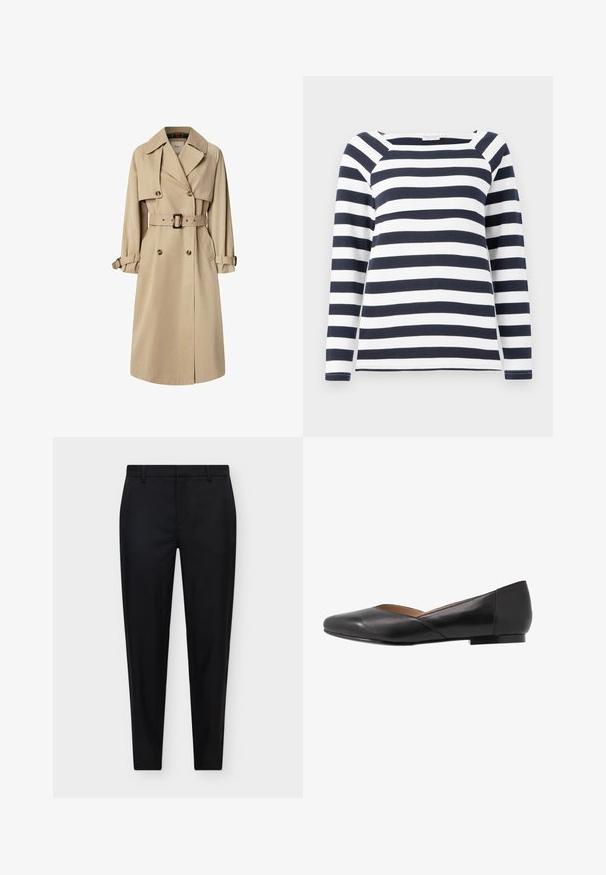 Trench coat beige en mezcla de algodón; diseño de doble botonadura con botones grandes, cintura ceñida con cinturón y bolsillos tipo solapa; cuenta con un forro a cuadros.; TOM TAILOR STRIPED CARRE NECK - Camiseta de manga larga - lunar eclipse/off white; Pantalones formales negros de corte ajustado con trabillas para cinturón y cierre delantero a medida, mostrados sobre un fondo claro y liso.; Zapato plano de cuero negro con punta afilada, tacón bajo y un diseño superior ligeramente abierto. Textura suave con detalles de costura mínimos.