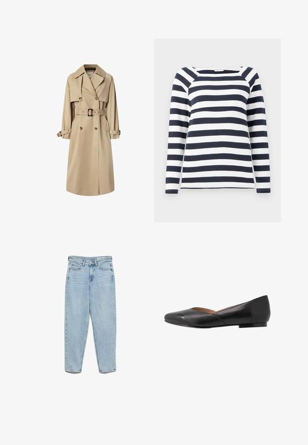 Beige trenchcoat in een katoenmix; dubbel gevoerd ontwerp met grote knopen, ceintuur in de taille en klepzakken; beschikt over een geruite voering.; TOM TAILOR STRIPED CARRE NECK - Longsleeve - lunar eclipse/off white; Lichtblauwe, hoogwater spijkerbroek met hoge taille, voorzakken, riemlussen, knoopsluiting en taps toelopende pijpen op een witte achtergrond.; Zwarte leren platte schoen met een spitse neus, lage hak en een iets open bovenwerk ontwerp. Gladde textuur met minimale stikdetails.