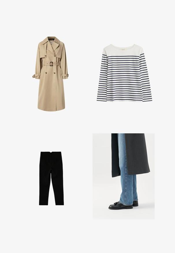 Trench-coat beige en mélange de coton ; conception croisée avec de grands boutons, taille ceinturée et poches à rabat ; présente une doublure à carreaux.; T-shirt à manches longues en coton bio avec un fond blanc et des rayures horizontales bleu marine. Col rond, coupe décontractée, sans accents visibles.; Pantalon noir sur mesure longueur cheville avec poches latérales et jambe légèrement fuselée, présenté à plat sur un fond blanc.; Mocassins en cuir noir avec des pampilles, portés avec un jean droit bleu clair, complétés par un manteau gris foncé. Lignes épurées et tissu texturé.