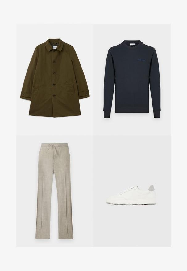 Manteau vert olive avec un col classique, fermeture à boutons sur le devant, deux poches latérales et poignets ajustables. Tissu doux avec une silhouette structurée.; Sweat-shirt col ras du cou bleu marine en coton. Comprend des poignets et un ourlet côtelés, avec le texte "TIGER OF SWEDEN" en bleu sur la poitrine.; Pantalon beige en mélange de lin avec fines rayures blanches discrètes, taille à cordon et jambes droites.; Baskets basses blanches avec un onglet de talon gris, des lacets blancs et une semelle texturée, présentées sur un fond uni clair.