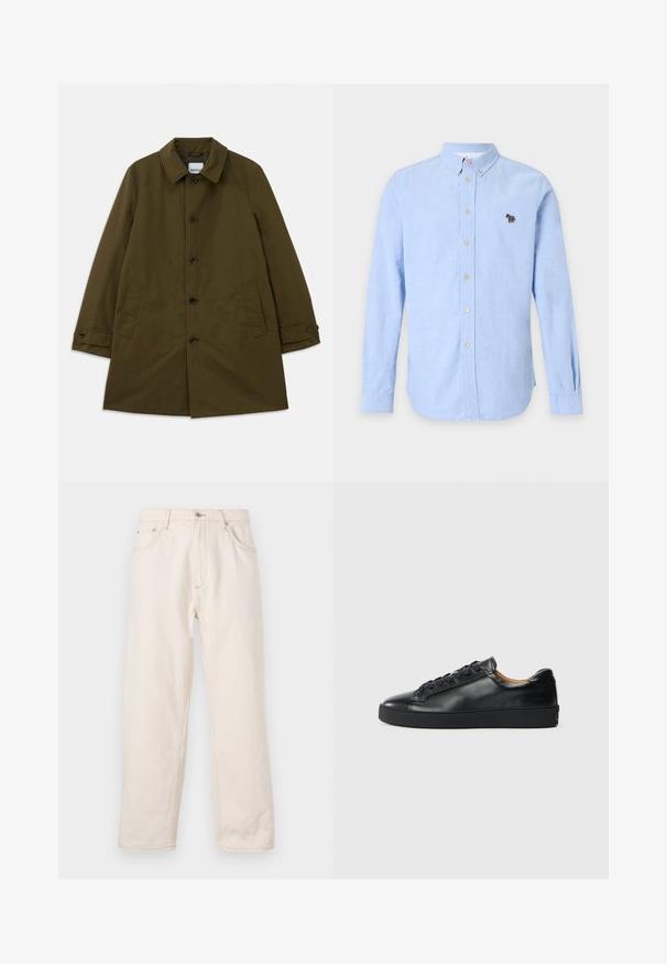 Manteau vert olive avec un col classique, fermeture à boutons sur le devant, deux poches latérales et poignets ajustables. Tissu doux avec une silhouette structurée.; Chemise bleu clair à manches longues avec boutons, col boutonné et petit logo brodé coloré sur la poitrine gauche.; Jean droit beige en denim, avec une fermeture à boutons, cinq poches et des détails de couture visibles. Texture lisse.; Baskets en cuir noir avec une texture lisse, bout rond et fermeture à lacets. Comprend une semelle en caoutchouc épaisse et un minimum de détails de marque.