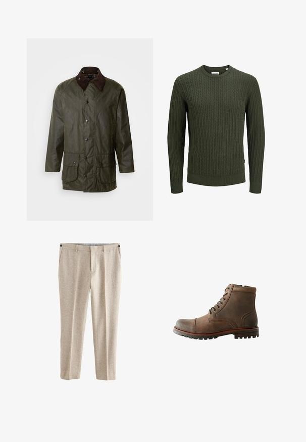Barbour BEAUFORT - Kurzmantel - archive olive; Dunkelgrüner, kabelgenoppter Rundhals-Pullover mit langen Ärmeln sowie Rippbündchen und -saum, hergestellt von Jack & Jones.; Beige Wollhose mit strukturierter Oberfläche, geradem Bein, zwei Fronttaschen und einem Knopfverschluss am Bund.; Braune Lederknöchelstiefel mit abgerundeter Spitze, gepolstertem Kragen, Schnürung mit sechs Ösen und strukturiertem Gummisohle. Genähte Akzente an den Seiten.