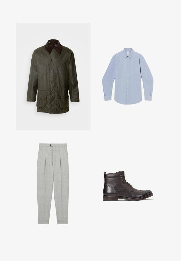 Barbour BEAUFORT - Kurzmantel - archive olive; Hellblaues Langarmhemd mit Knöpfen vorn, mit Brusttasche und geknöpftem Kragen, flach auf weißem Hintergrund gelegt.; Helle graue, plissierte Hosen mit Karomuster, aus strukturiertem Stoff. Mit Knopfverschluss und umgeschlagenen Knöcheln.; Dunkelbraune Leder-Stiefelette mit Wingtipp-Design, runder Zehenpartie, subtilen Broguedetails, Metallösen und flachem Absatz. Mit Zuglasche.