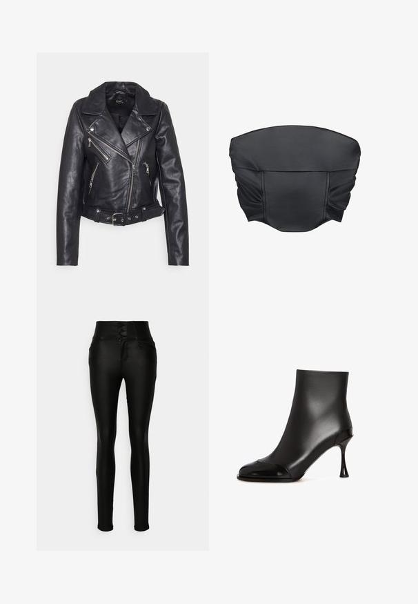 Sort læder bikerjakke med slagkrave, asymmetriske frontlynlåse og bælte i taljen. Har sølv hardware og struktureret overflade.; Sorte faux læder cropped top med sammensat tekstur og en struktureret form, der har en glat overflade og minimale sydetaljer.; Vero Moda Tall VMDONNA SKINNY PANTS - Jeans Skinny Fit - black; Sorte ankelstøvler lavet af glat læder med en blank tåhætte, der har en spidset hæl og et strømlinet, figursygt design.