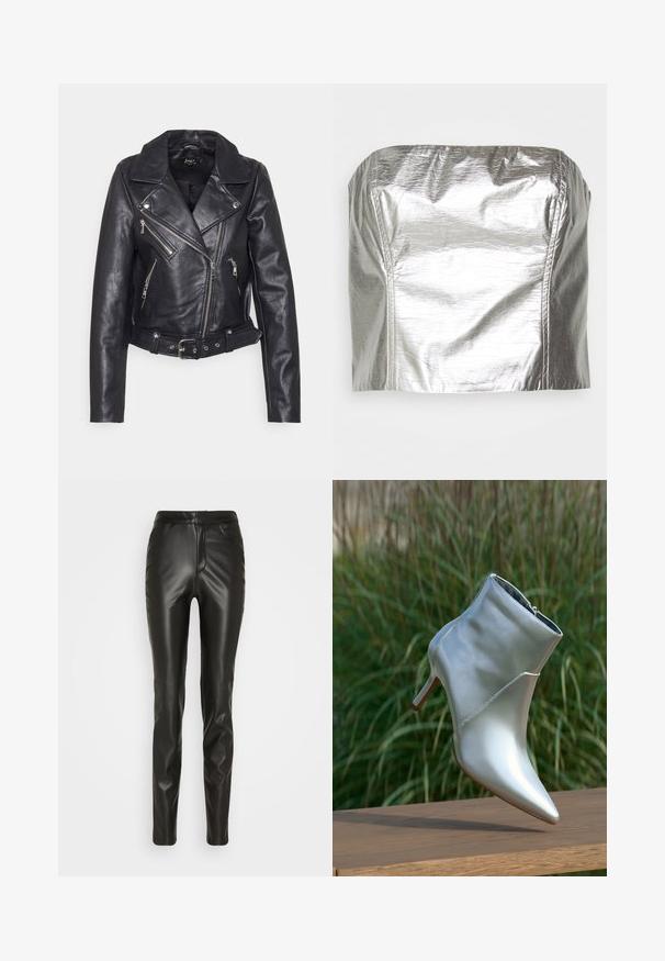 Schwarze Lederbikerjacke mit einem Reverskragen, asymmetrischen Frontreißverschlüssen und taillierter Taille. Besitzt silberne Beschläge und eine strukturierte Oberfläche.; Gina Tricot TUBE - Top - silver-coloured; Noisy May Tall NMANDY MONI PU HW ANKLE PANTS TALL - Stoffhose - black; Glänzende silberne High-heeled Stiefelette mit spitzem Zehen und Reißverschluss, auf einer Holzoberfläche vor grünem Gras im Hintergrund balanciert.