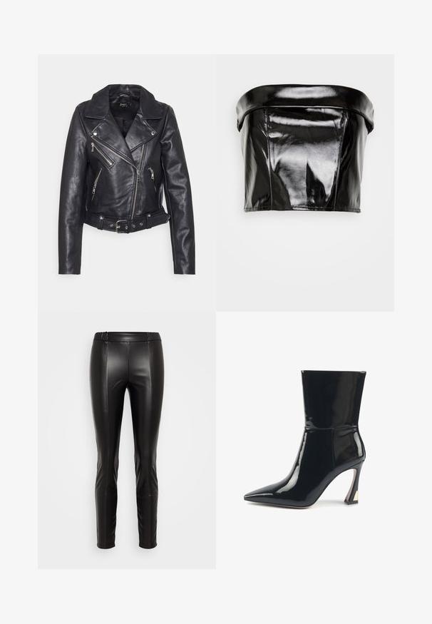 Sort læder bikerjakke med slagkrave, asymmetriske frontlynlåse og bælte i taljen. Har sølv hardware og struktureret overflade.; Gina Tricot TUBE - Top - black; Sorte leggings i imiteret læder med elastisk talje, tætsiddende silhuet, glat tekstur og sømdetaljer, der løber ned foran.; Sorte lakerede ankelstøvler med spids tå, slank skaft og geometrisk højhælet detalje. Glat tekstur og blank finish.