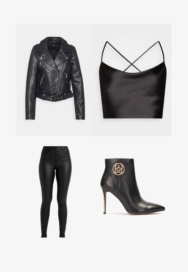 Must musta biker-jakk musta klappi kaelusega, sümmeetriliste esivööride ja vööga taljega. Omab hõbedast riistvara ja tekstuurset viimistlust.; Even&Odd by Zalando Topp - black; ONLY Tall ONLROYAL BUTTON - Püksid - black; Must mustri nahkasaapad terava nina, kõrge stilettokanna ja kuldse ringikujulise logo aktsentiga küljel. Sile tekstuur ja voolujooneline disain.