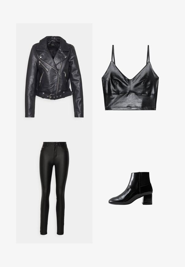 Schwarze Lederbikerjacke mit einem Reverskragen, asymmetrischen Frontreißverschlüssen und taillierter Taille. Besitzt silberne Beschläge und eine strukturierte Oberfläche.; Schwarzer, glänzender Bralette mit dünnen verstellbaren Trägern, V-Ausschnitt, glatter Textur und dezentem Gather an der Brust für eine schöne Form.; ONLY Tall ONLROYAL PANT - Stoffhose - black; Schwarze Leder-Stiefelette mit glänzender Oberfläche, spitz zulaufender Zehenpartie und mittelhohem Blockabsatz. Mit elastischen seitlichen Einsätzen für einen einfachen Einstieg.