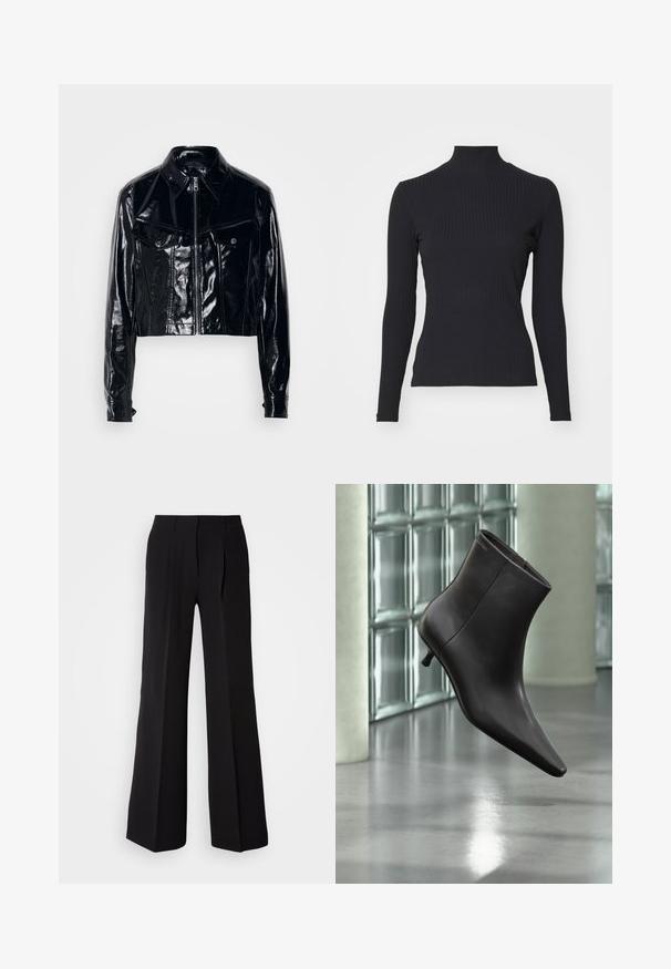Schwarze, kurz geschnittene Jacke aus glänzendem Lackleder. Verfügt über einen Reißverschluss, einen spitzen Kragen, zwei frontale Taschen und Knopfdetails.; Schwarzes, geripptes Rollkragenoberteil mit langen Ärmeln. Aus dehnbarem Stoff mit figurbetonter Passform und hohem Kragen. Einfaches Design ohne Verzierungen.; Schwarze Hose aus glattem Stoff, mit hohem Bund, weitem Schnitt und zwei vorderen Falten für zusätzlichen Designakzent.; Schwarzer Leder-Knöchelstiefel mit spitzer Spitze und kleinem Absatz vor einer Wand aus Glasbausteinen und einem polierten Boden.