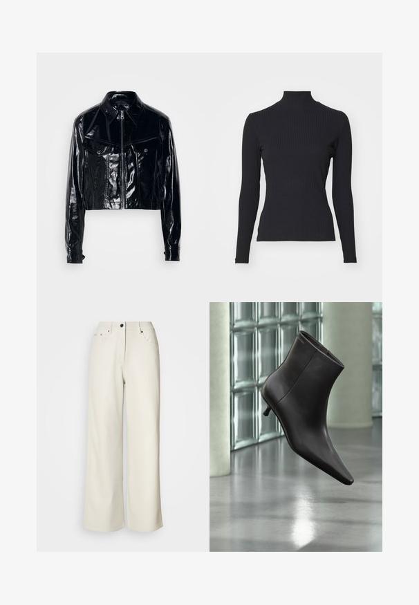 Schwarze, kurz geschnittene Jacke aus glänzendem Lackleder. Verfügt über einen Reißverschluss, einen spitzen Kragen, zwei frontale Taschen und Knopfdetails.; Schwarzes, geripptes Rollkragenoberteil mit langen Ärmeln. Aus dehnbarem Stoff mit figurbetonter Passform und hohem Kragen. Einfaches Design ohne Verzierungen.; Cremefarbene weit geschnittene Hose aus glattem Stoff. Sie hat eine mittlere Leibhöhe, einen Reißverschluss und zwei vordere Taschen mit schwarzen Hardware-Elementen.; Schwarzer Leder-Knöchelstiefel mit spitzer Spitze und kleinem Absatz vor einer Wand aus Glasbausteinen und einem polierten Boden.