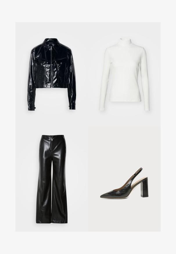 Schwarze, kurz geschnittene Jacke aus glänzendem Lackleder. Verfügt über einen Reißverschluss, einen spitzen Kragen, zwei frontale Taschen und Knopfdetails.; Weißes geripptes Turtleneck-Oberteil mit langen Ärmeln, aus elastischem Stoff. Verfügt über ein enganliegendes Design und einen hohen Kragen für zusätzlichen Schutz.; Schwarze Lederweite-Hosen mit glatter Textur, hohem Bund und verdecktem Reißverschluss an der Vorderseite. Maßgeschneiderte Passform mit sauberem Finish.; Schwarzer Leder-Slingback-Schuh mit spitzer Kappe, hohem Blockabsatz und beigegefüttertem Innenraum vor hellem, einfarbigem Hintergrund.