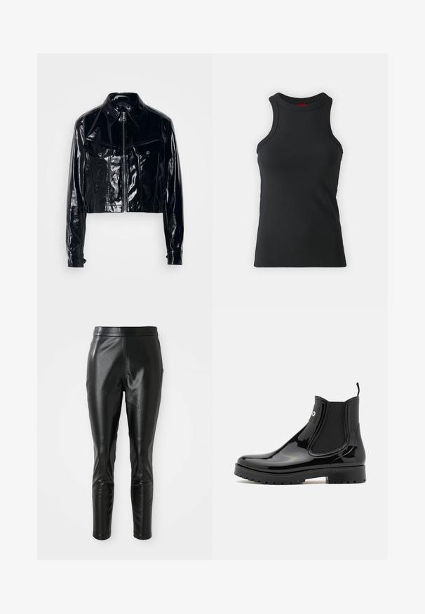 Schwarze, kurz geschnittene Jacke aus glänzendem Lackleder. Verfügt über einen Reißverschluss, einen spitzen Kragen, zwei frontale Taschen und Knopfdetails.; Schwarzes ärmelloses Top aus dehnbarem Material. Mit Rundhalsausschnitt und taillierter Silhouette sowie minimalistischen Nähdetails.; Schwarze Lederhosen mit schmaler Passform, die über eine glatte Textur und einen hohen Bund verfügen. Die Details umfassen Knieakzente für ein zusätzliches Design.; HUGO TABITA - Gummistiefel - black