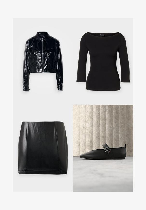 Μαύρο cropped σακάκι από γυαλιστερή πατενταρισμένη δερμάτινη ύλη. Διαθέτει φερμουάρ, μυτερό γιακά, δύο μπροστινές τσέπες και κουμπιά.; Μαύρο εφαρμοστό πουκάμισο με μανίκια τριών τετάρτων και φαρδιά, στρογγυλεμένη λαιμόκοψη, εμφανίζεται σε απλό φόντο.; Μαύρη ψεύτικη δερμάτινη μίνι φούστα με ραφές μπροστά και ελαφριά γυαλάδα, τοποθετημένη επίπεδη σε ουδέτερο φόντο.; Μαύρο δερμάτινο επίπεδο παπούτσι με μυτερή μύτη και πλευρικό λουράκι, με ασημένια μεταλλικά στοιχεία. Λεπτή υφή πάνω σε ουδέτερο χαλί.
