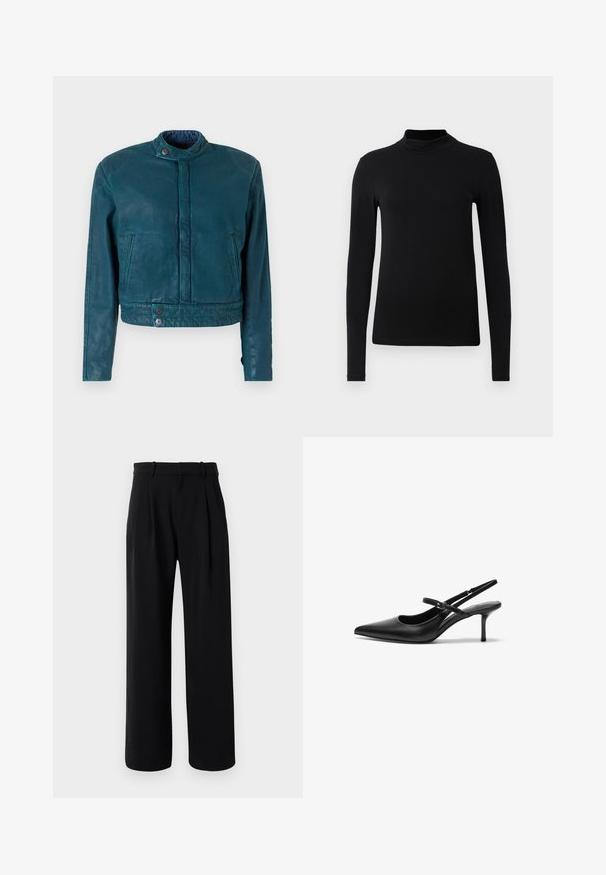 Teal læder cropped jakke med standkrave, front snap lukning og to sidelommer. Har en glat tekstur og minimalistisk design.; Sort langærmet turtleneck skjorte lavet af glat stof; tætsiddende design med høj krave og ingen synlige sømme. Enkel, ensfarvet.; Sorte højtaljede skræddersyede bukser med brede ben, bæltestropper og frontpliser mod en hvid baggrund.; Sorte læder slingback hæle med spids tå, slank justerbar rem og en stiletto hæl på cirka 5 cm, glat tekstur.