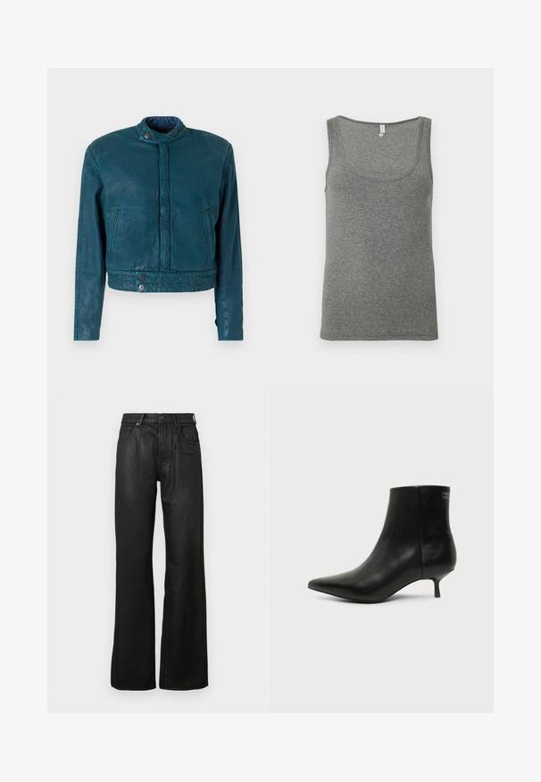 Teal læder cropped jakke med standkrave, front snap lukning og to sidelommer. Har en glat tekstur og minimalistisk design.; Grå ribbet tanktop med scoop-udskæring, ærmeløs design og en glat tekstur, der slutter i hoftehøjde.; Sorte denim flared bukser med en glat tekstur, fem-pockets design, bæltestropper og lynlås-lukning med knap.; Sort læder ankelstøvle med spids tå og lav kitten hæl på lys baggrund, der viser yderside.