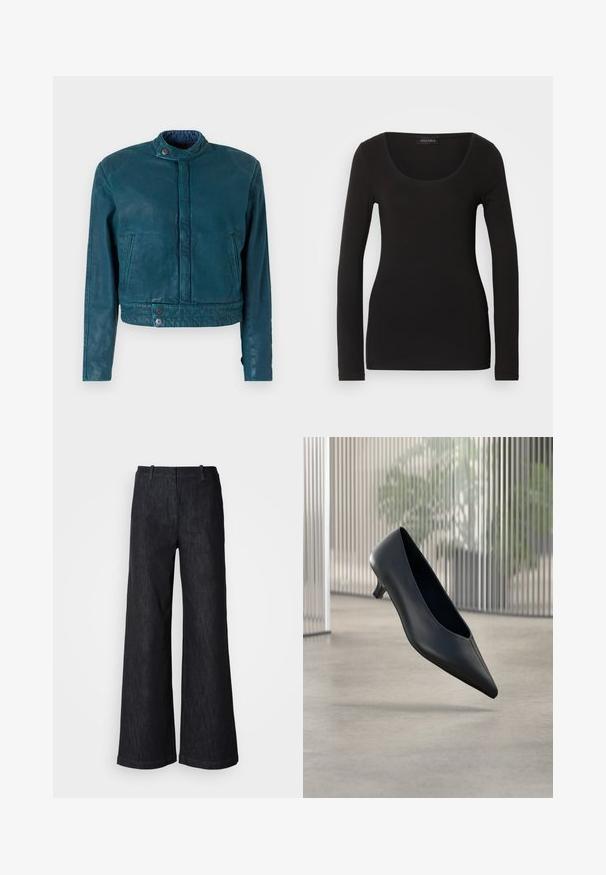 Chaqueta corta de cuero color teal con collar alzado, cierre frontal de botón a presión y dos bolsillos laterales. Presenta una textura suave y un diseño minimalista.; Top negro de mangas largas con escote redondeado, hecho de una tela suave y elástica. Presenta una forma ajustada y una textura suave. Etiqueta de la marca visible.; Pantalones de mezclilla negros de pierna ancha con un acabado texturizado, que cuentan con presillas para cinturón y un dobladillo limpio. Diseño clásico, adecuado para diversas ocasiones.; Zapato negro de tacón bajo y puntera puntiaguda que flota sobre un suelo de hormigón liso con paneles verticales translúcidos de fondo.