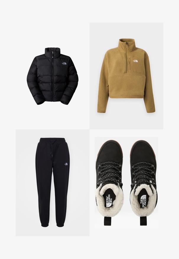 Sort isoleret puffjakke med høj krave, lynlås lukning og quiltede paneler. Har logo på venstre bryst. Glat tekstur.; Tan fleece pullover med halv lynlås i kraven, frontlomme og elastisk kant; har en blød, struktureret overflade og en hvid logoaccent.; Sorte joggingbukser med elastisk talje og manchetter, snoretræk, sidelommer og lille hvid The North Face-logo på højre lår.; Sorte vandtætte ankelstøvler med for af faux pels, tekstureret stof, snørebånd med hvidt og sort mønster samt en løkker ved hælen.