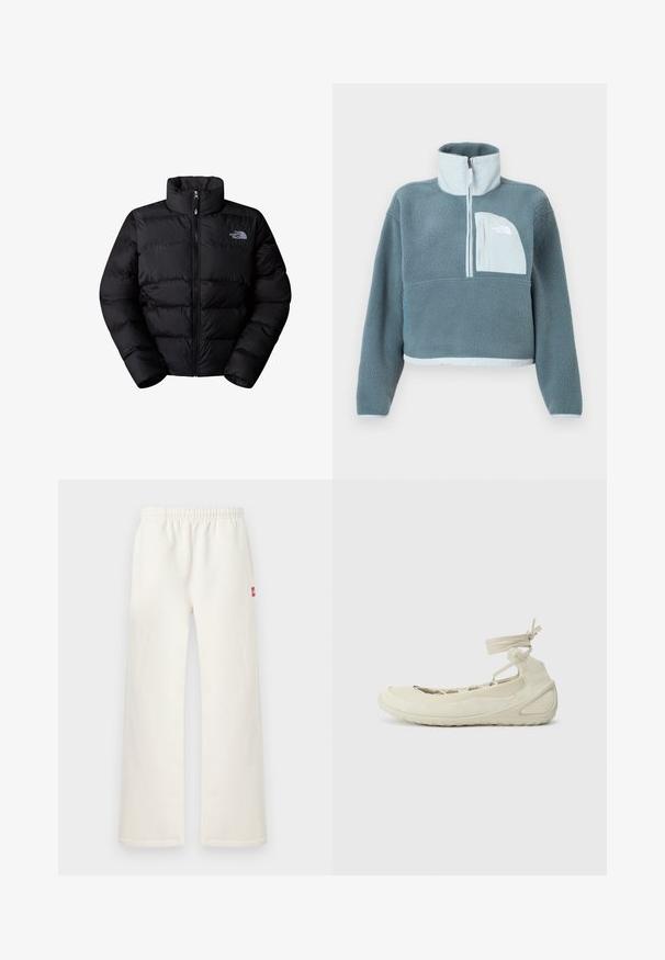 Doudoune noire isolée avec un col haut, fermeture éclair et panneaux cousus. Logo sur la poitrine gauche. Texture lisse.; Pullover en polaire bleu avec demi-fermeture éclair, col montant et poche poitrine bleu clair arborant le logo The North Face.; Pantalon droit de couleur blanc cassé avec taille élastique et petite écusson rouge sur le côté droit, présenté sur un fond clair uni.; Ballerines beige clair avec un bout arrondi, une bride à lacets à la cheville, une surface texturée et un design de semelle flexible. Convient pour un usage décontracté.