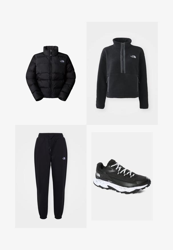 Chaqueta tipo puffer negra aislante con cuello alto, cierre de cremallera y paneles cosidos. Presenta un logo en el lado izquierdo del pecho. Textura suave.; Sudadera de polar negra con cuello alto, cremallera hasta el cuarto, bolsillo delantero y costuras de contraste. Presenta el logotipo de The North Face en el pecho.; Pantalones de chándal negros con cintura y puños elásticos, cordón de ajuste, bolsillos laterales y pequeño logo blanco de The North Face en el muslo derecho.; Zapatilla deportiva negra con parte superior de malla y diseño texturizado. Presenta una entresuela blanca moteada, una suela gruesa negra y cordones reflectantes.