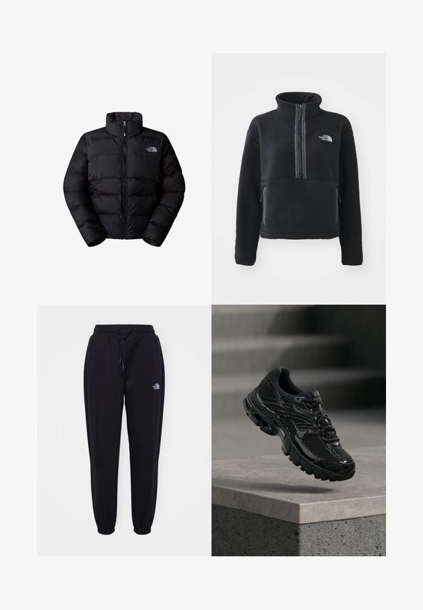 Sort isoleret puffjakke med høj krave, lynlås lukning og quiltede paneler. Har logo på venstre bryst. Glat tekstur.; Sort fleecepullover med høj krave, kvartlynlås, frontlomme og kontrastsyninger. Har The North Face-logo på brystet.; Sorte joggingbukser med elastisk talje og manchetter, snoretræk, sidelommer og lille hvid The North Face-logo på højre lår.; Sort Nike løbesko med mesh og syntetisk overdel, der svæver over en betonoverflade og trin i baggrunden.
